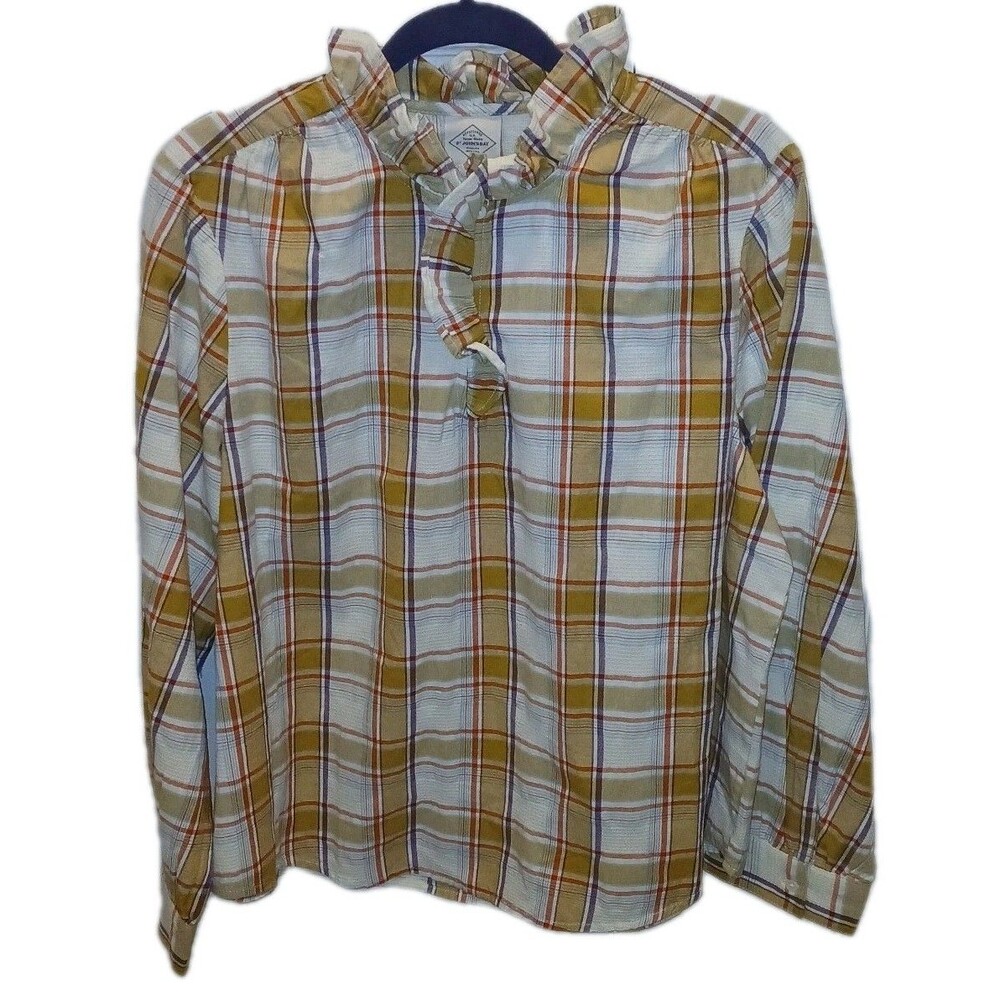 NWT ST JOHNS BAY Womens PXL Peasant 100% Cotton High-Collar Plaid Ruffles Top